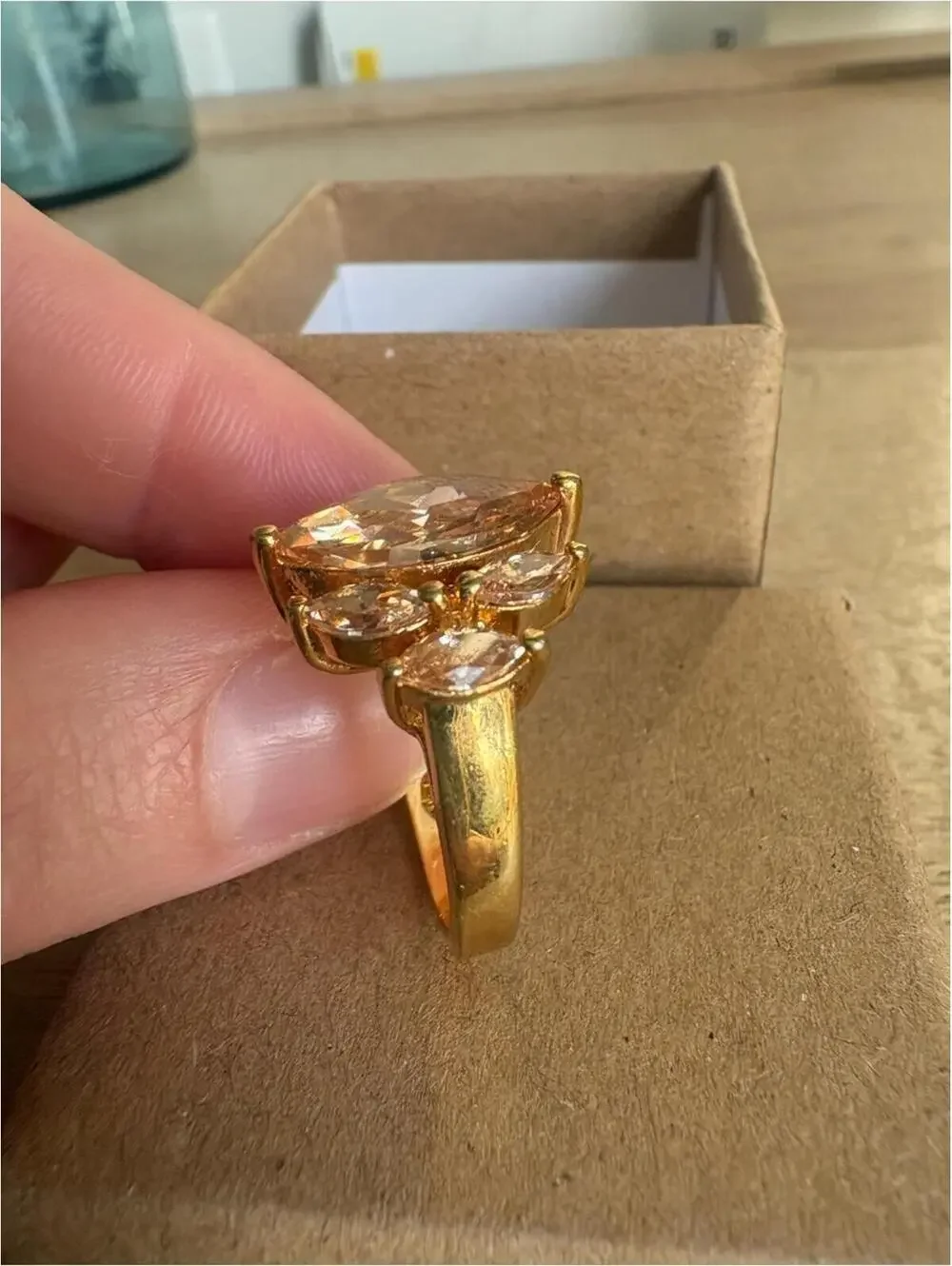 Gold-Tone Peach Crystal Cluster Statement Ring - Size 6.5